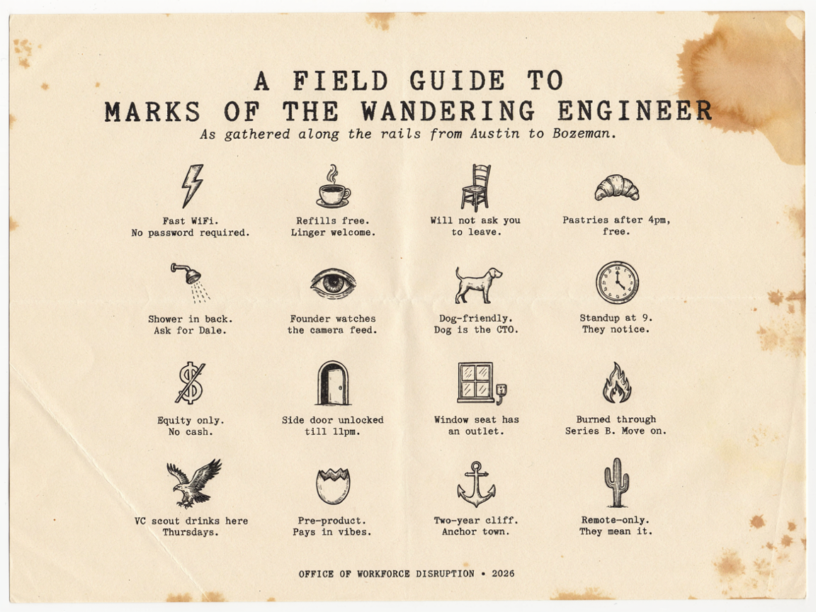 A folded, water-stained printed sheet headed A FIELD GUIDE TO MARKS OF THE WANDERING ENGINEER, with a grid of sixteen small drawn symbols, each with a short caption beneath it. The footer reads OFFICE OF WORKFORCE DISRUPTION, 2026.