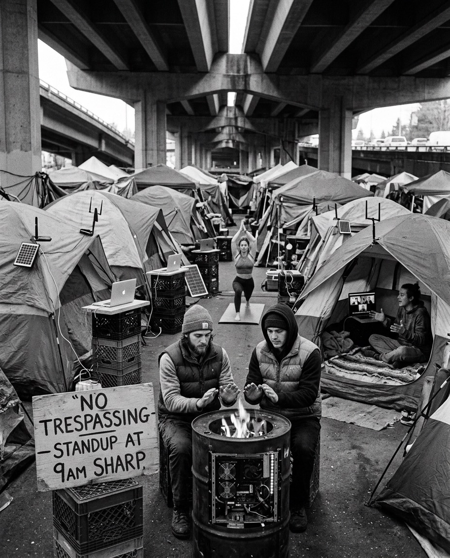 Tents crowded beneath a concrete interstate overpass. Laptops and small solar panels stand on milk crates outside the tents, two men warm their hands over a burning barrel, and a hand-lettered sign reads NO TRESPASSING, STANDUP AT 9AM SHARP.