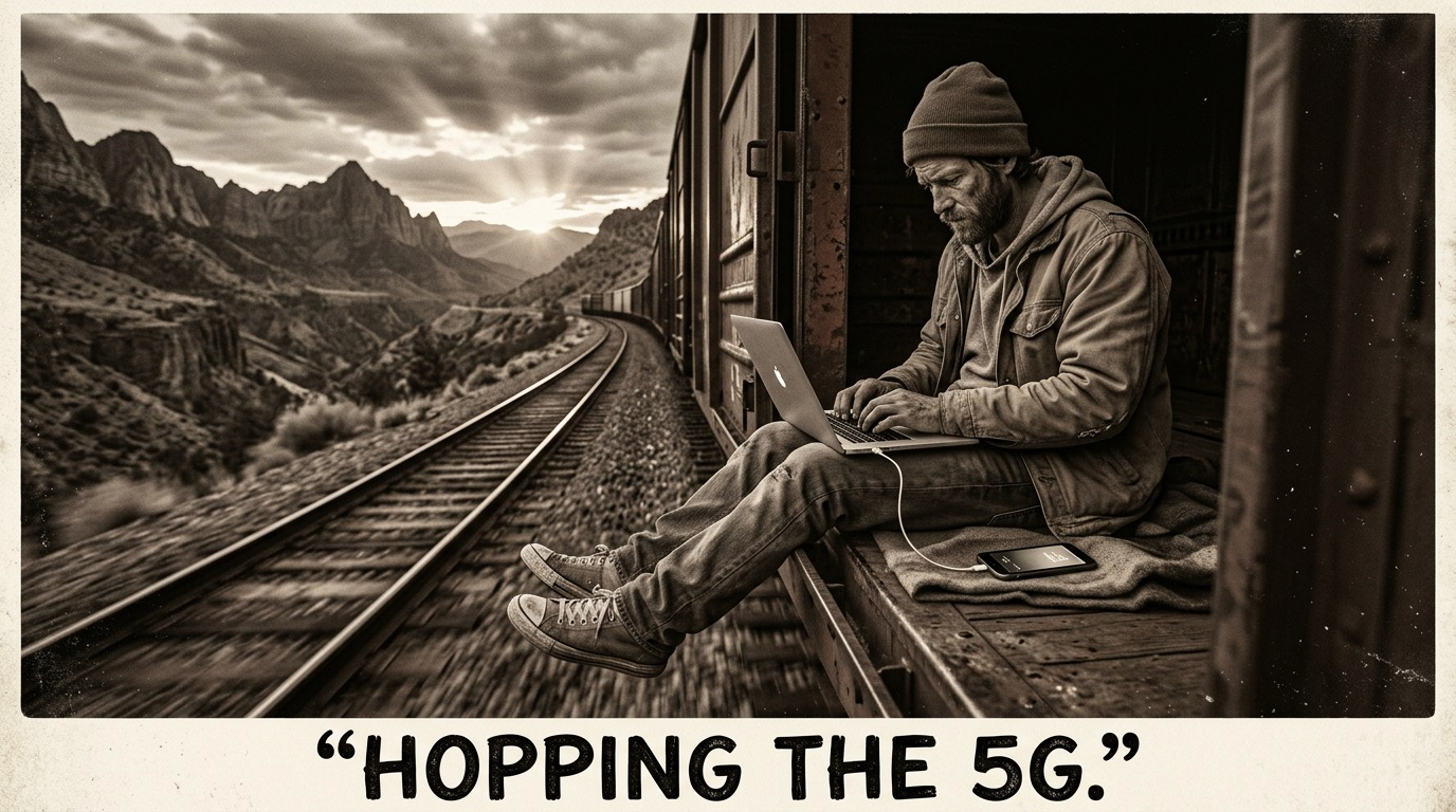 A man sits in the open doorway of a moving boxcar with a laptop on his knees and a phone beside him, rail line and mountains behind. Lettering beneath the photograph reads HOPPING THE 5G.
