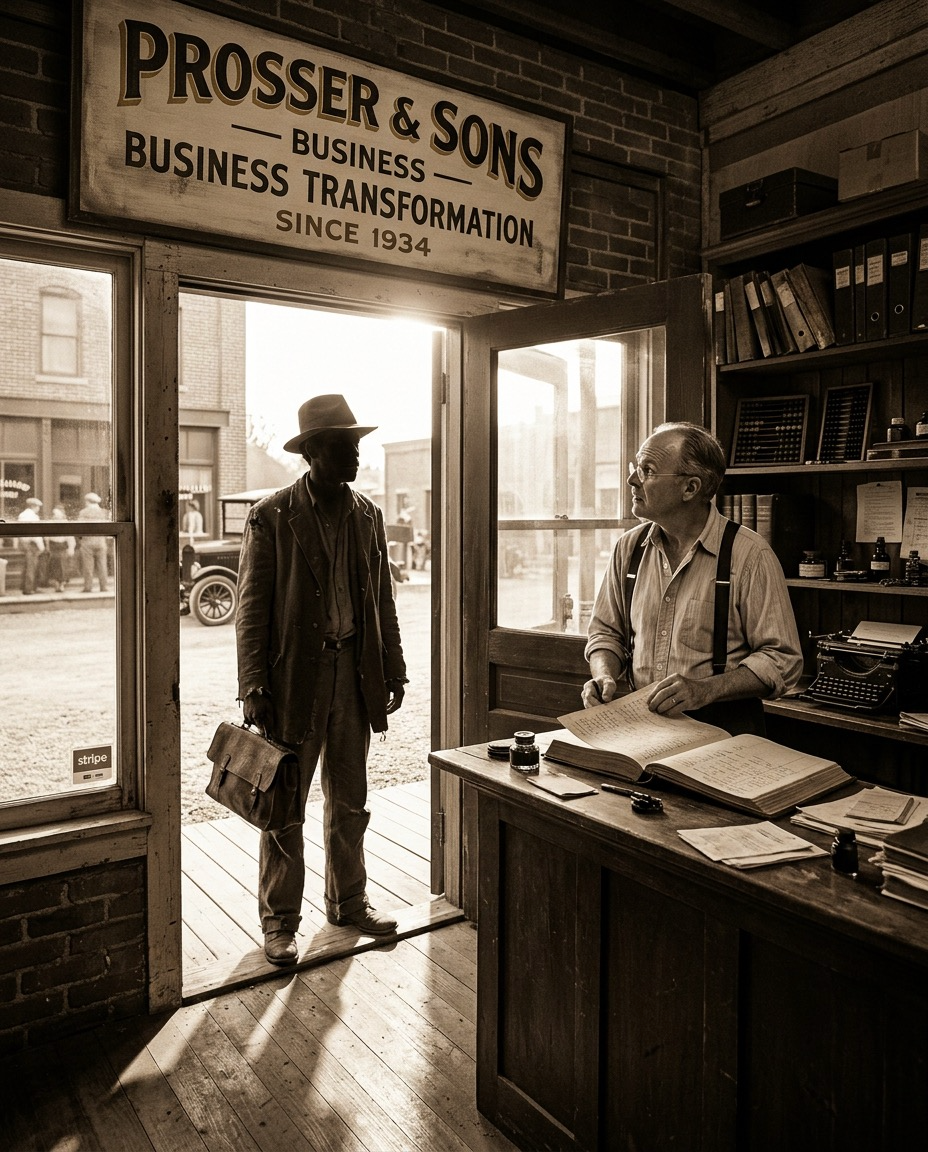 A man in a hat and worn coat, carrying a satchel, stands in the open doorway of an office beneath a sign reading PROSSER AND SONS BUSINESS TRANSFORMATION, SINCE 1934. A clerk in shirtsleeves and suspenders looks up from a ledger on the counter.