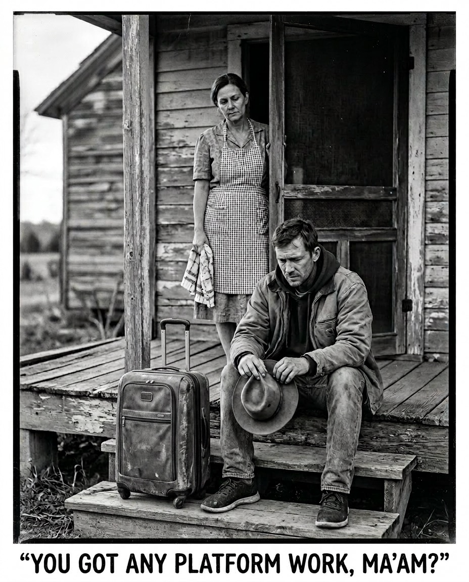 A man sits on the wooden steps of a clapboard house holding his hat, a rolling suitcase beside him, while a woman in an apron stands in the doorway behind him. Lettering beneath the photograph reads YOU GOT ANY PLATFORM WORK, MAAM?